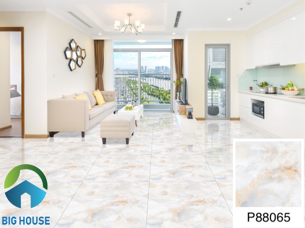 Phối cảnh chọn gạch lát nền phòng khách Ý Mỹ P88065