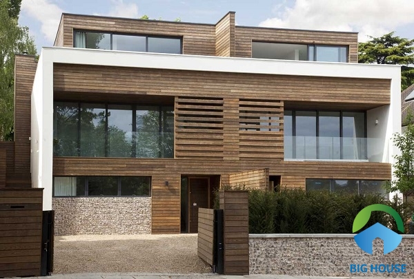 Bạn cũng có thể sử dụng gạch giả gỗ ốp toàn bộ mặt tiền nhà